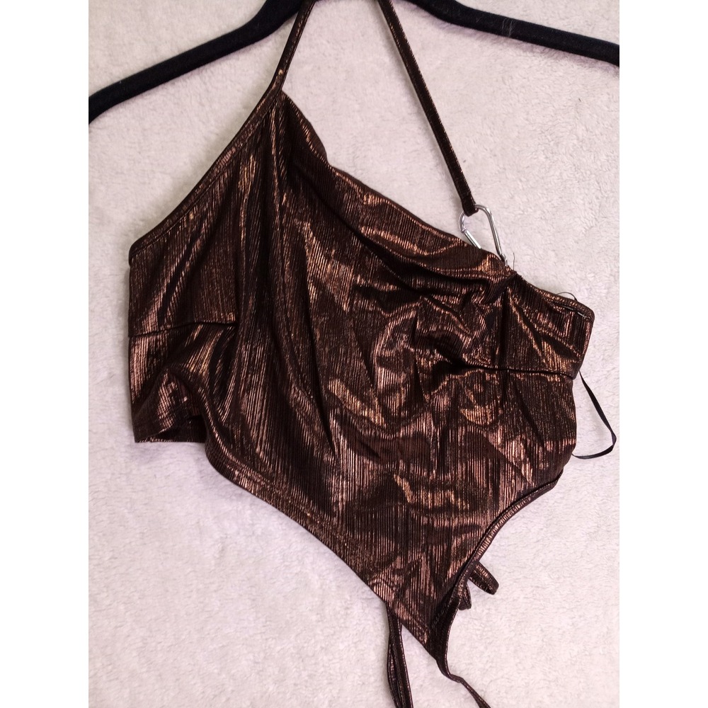 Bear Dance Womens Metallic Bronze Halter‎ Crop Top Lace Up Back(107)